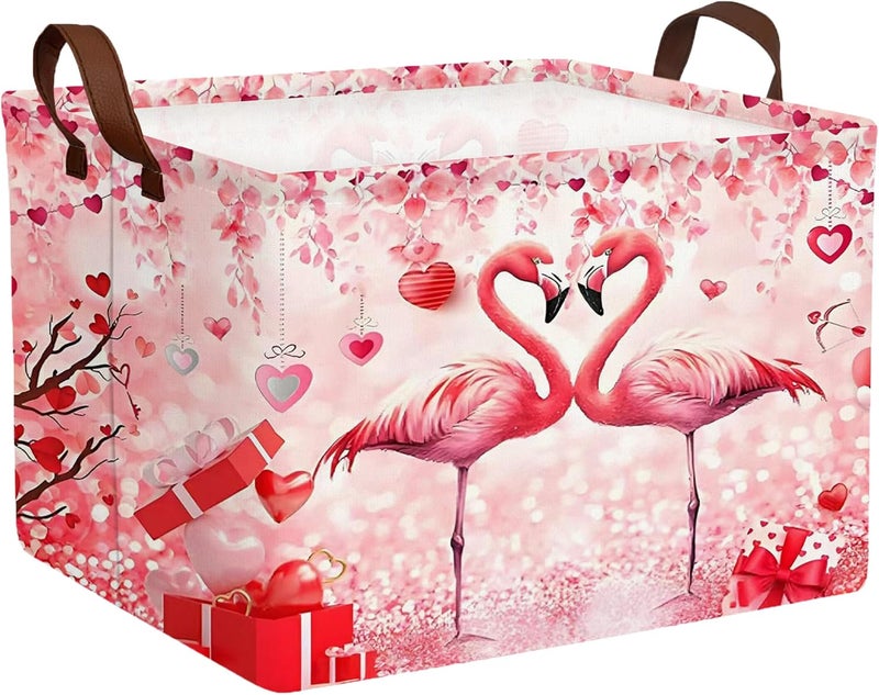 BOOHIT Valentines Day Basket Large Foldable Heart Shaped Storage Box for Gifts Kids Empty Storage Bins Rectangular Toy Organizer Decor (Love Flamingo) - Image 1